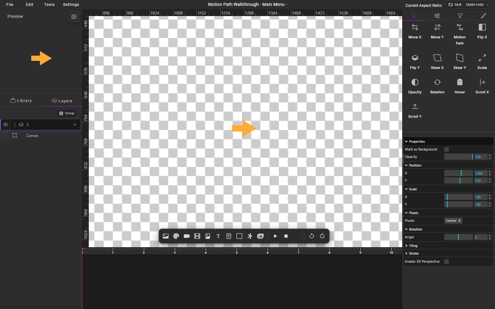 Selected arrow layer with Motion Path beside Move X and Move Y in the animation browser