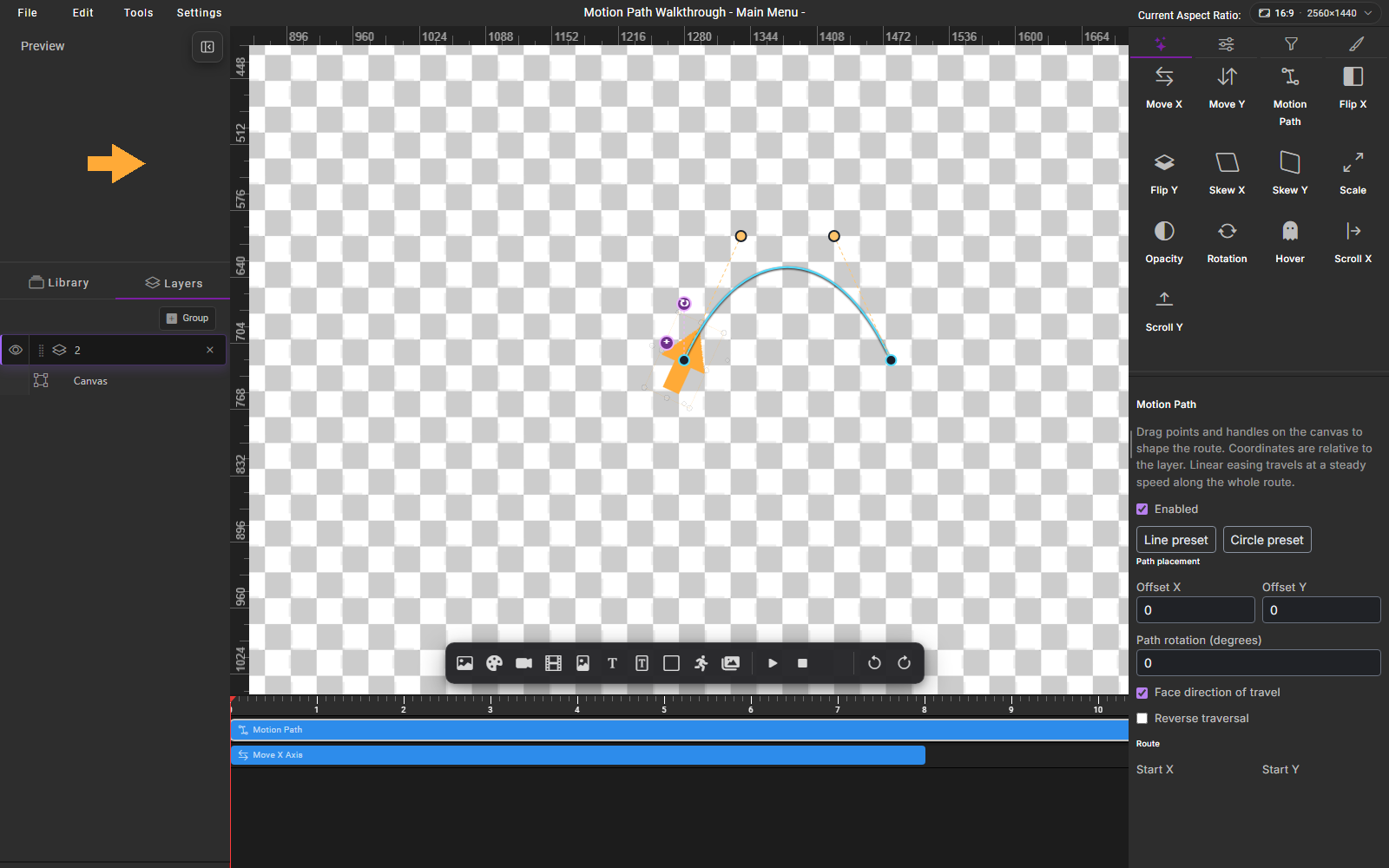 Curved route with Motion Path and Move X on separate timeline tracks and Face direction of travel enabled