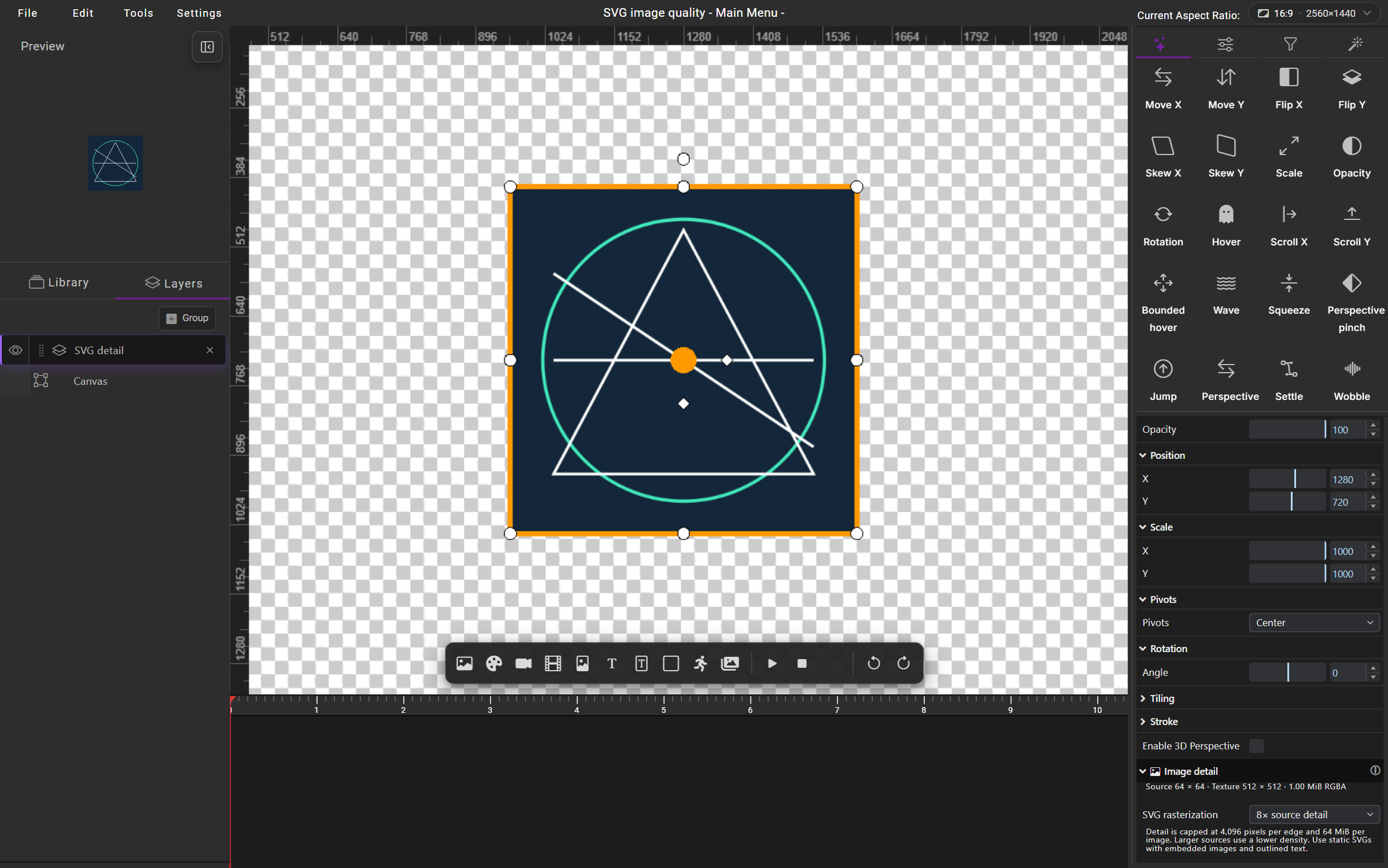 Full HyperTheme Builder showing a circle and intersecting lines with 8× SVG source detail selected