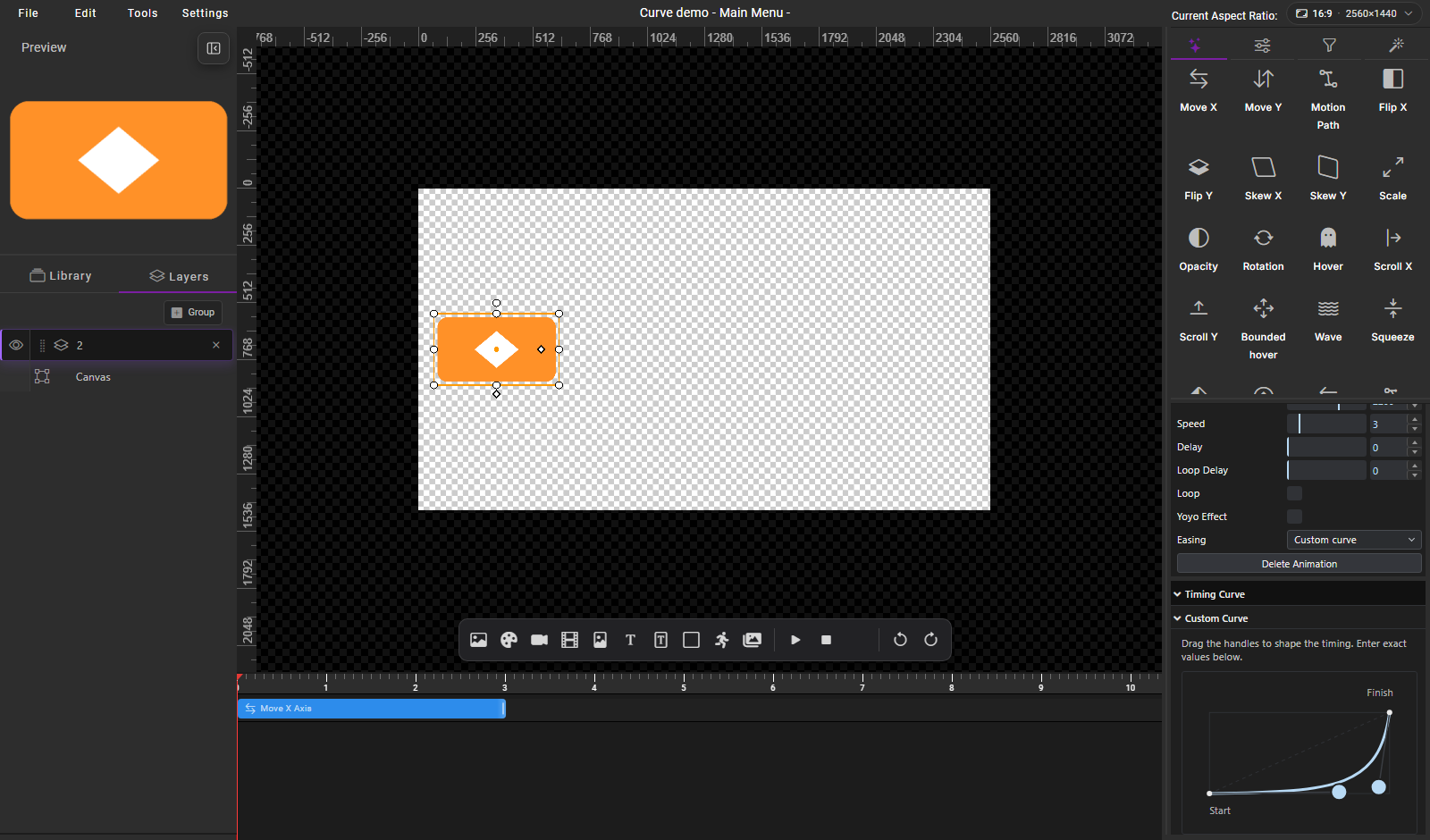 HyperTheme Builder with an image layer selected and its Custom curve visible in Properties