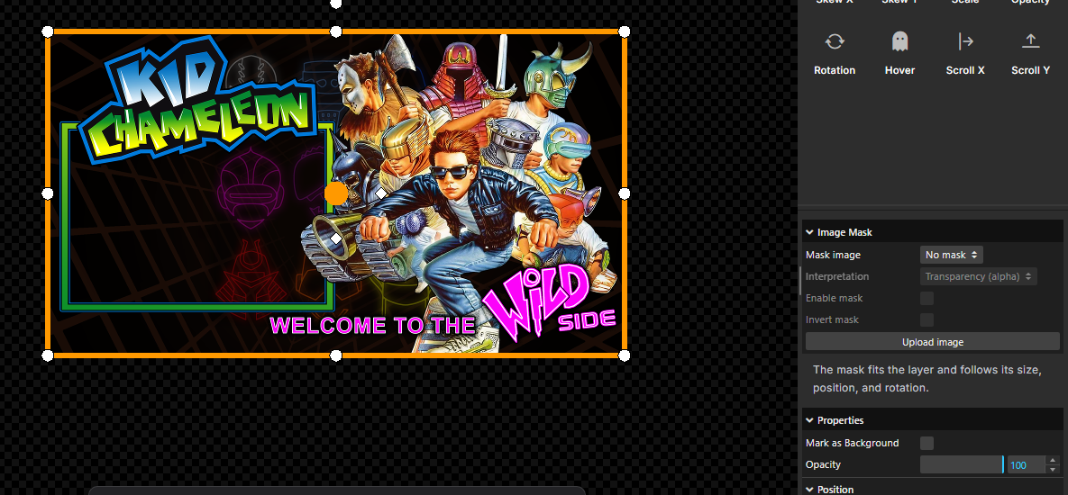 Kid Chameleon theme image visible as a rectangle in the Builder with no mask selected