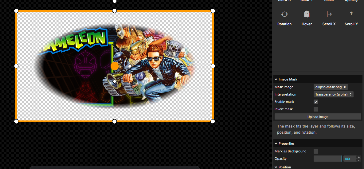 Kid Chameleon theme image revealed through a soft ellipse mask in the Builder