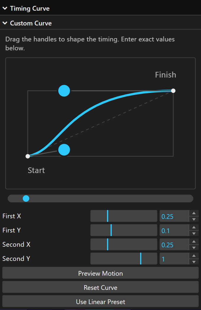 Close view of the curve graph, four number fields, and preview controls