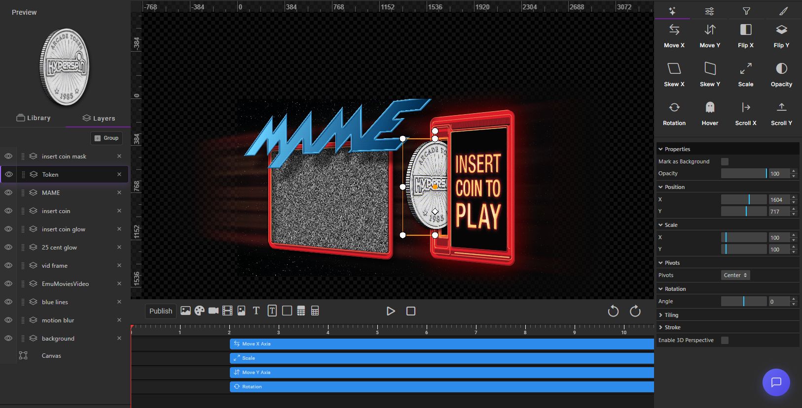 HyperTheme editor showing the canvas, layers, properties, and timeline