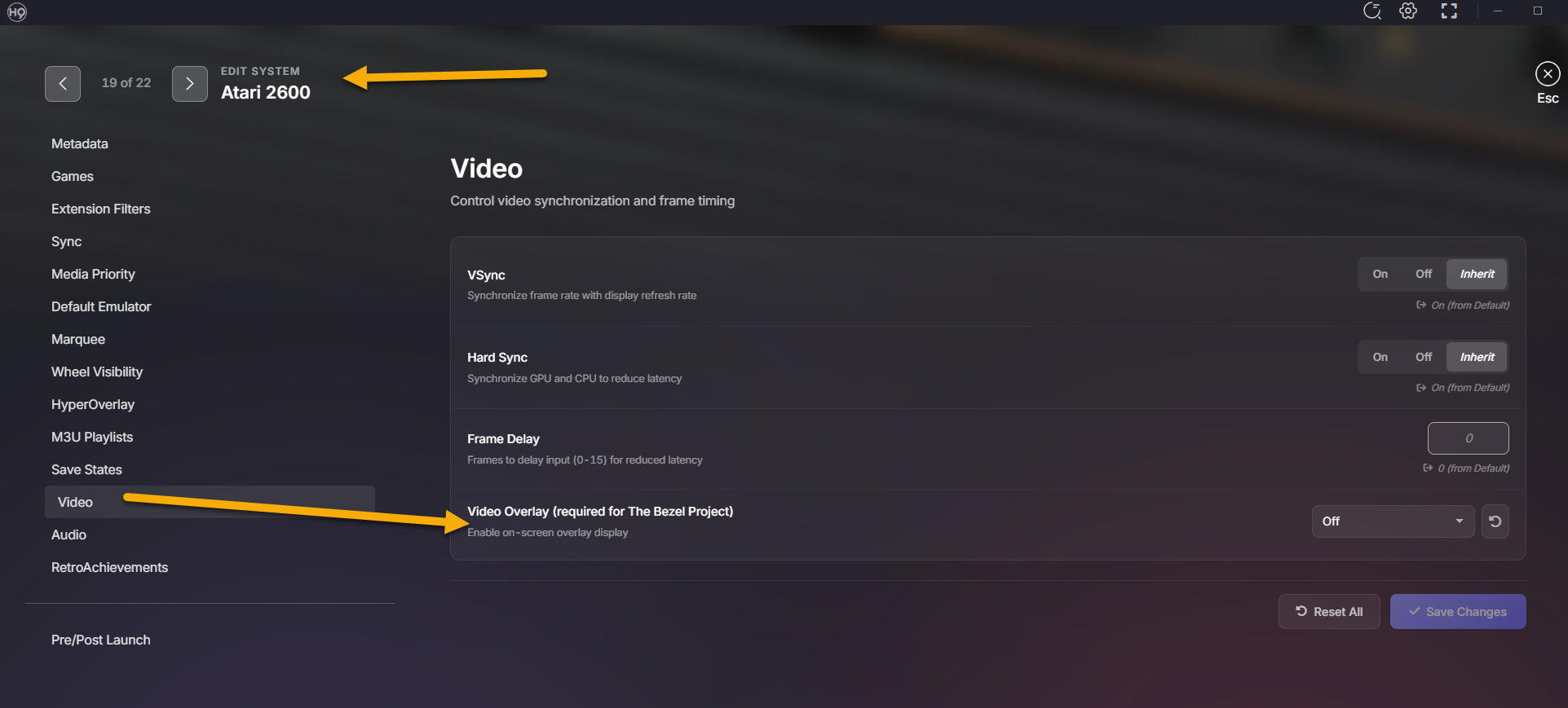 RetroArch Video Overlay setting in system video settings